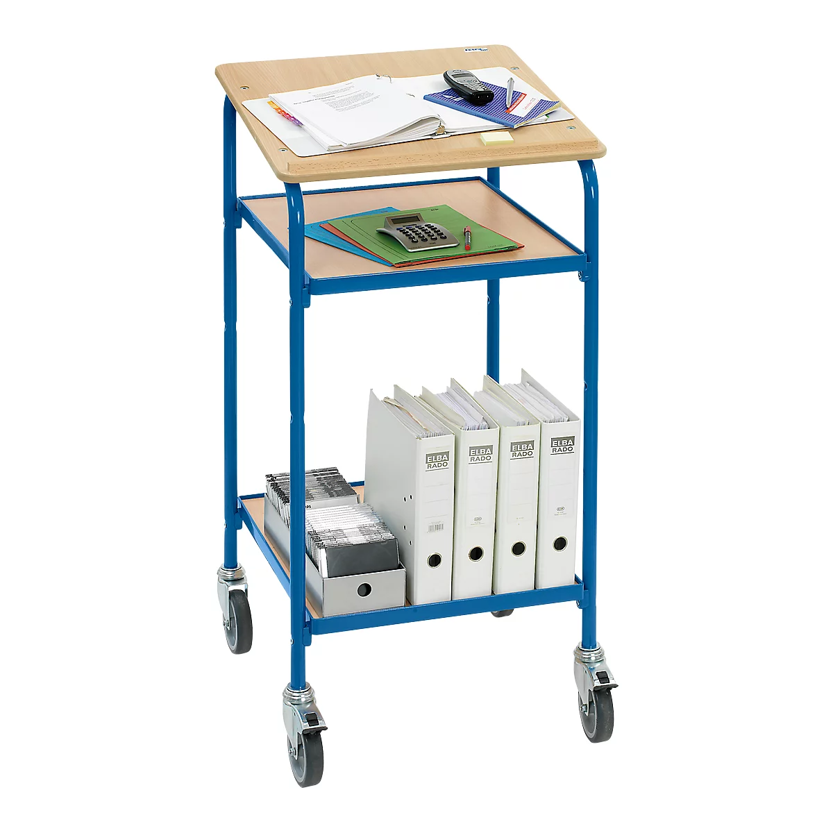 Blue rolling cart with light brown shelves, filled with binders, paper, and office supplies.