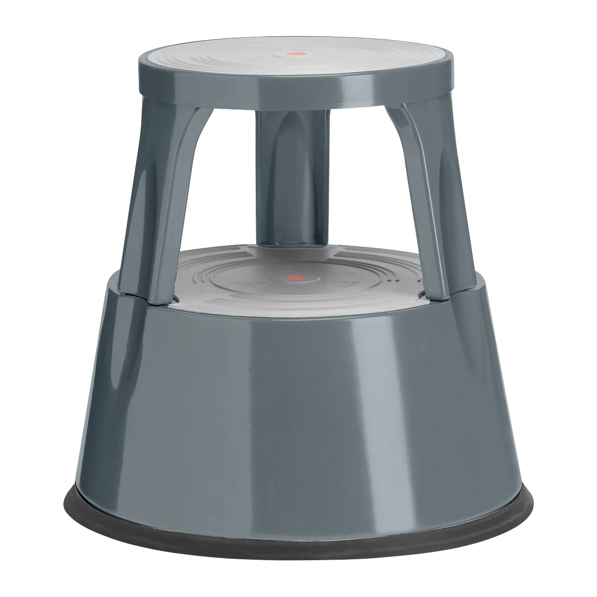 Grey step stool. Round step and lower base connected by three legs. Red dot in the center.