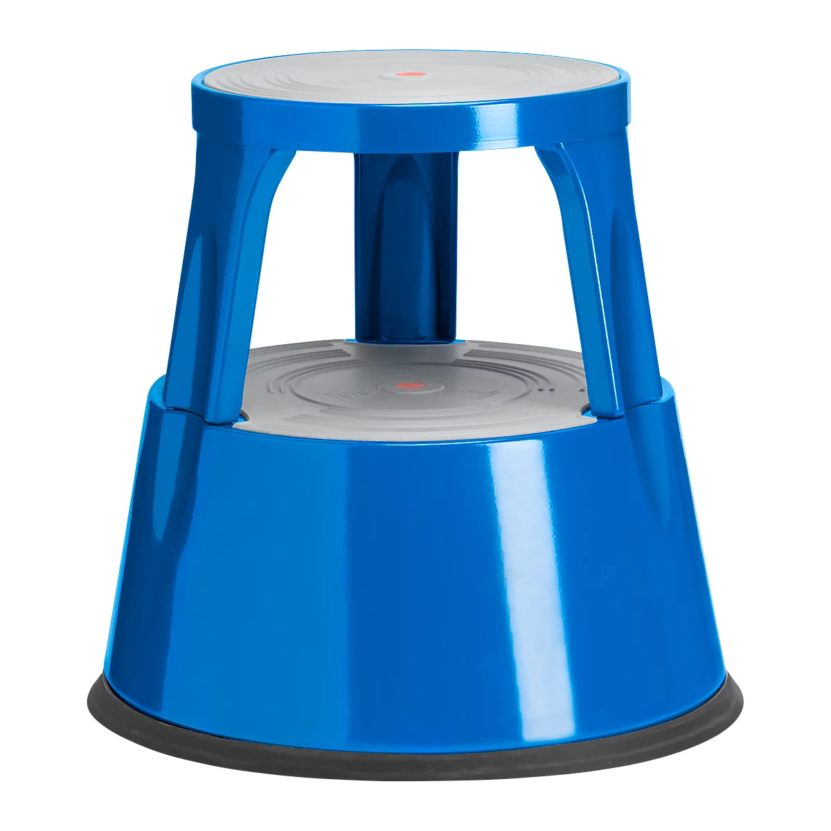 Blue step stool. Round, gray standing surfaces. Black rubber ring on the bottom. Red dot in the middle.