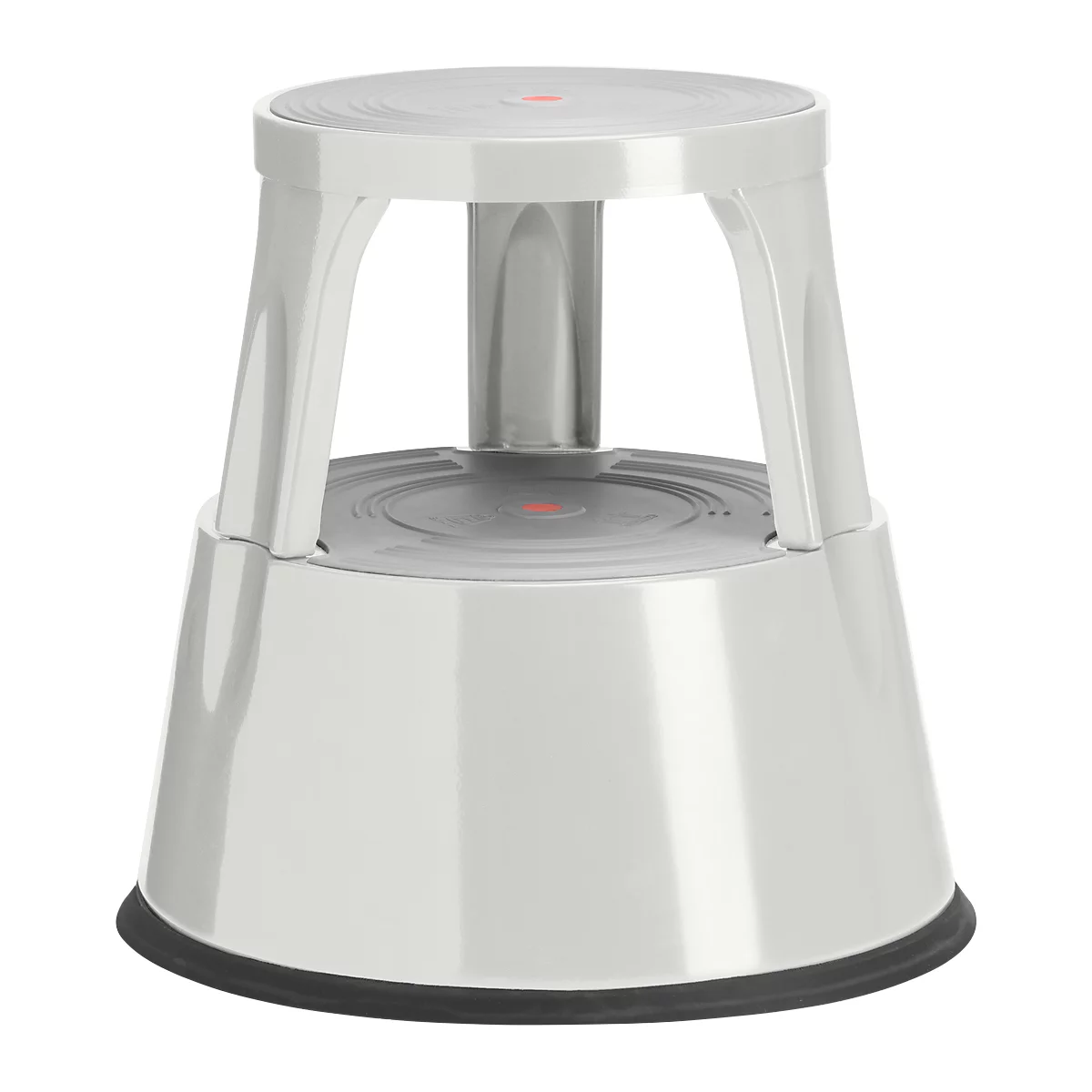 A white step stool with gray treads and red dots, apparently made of plastic.