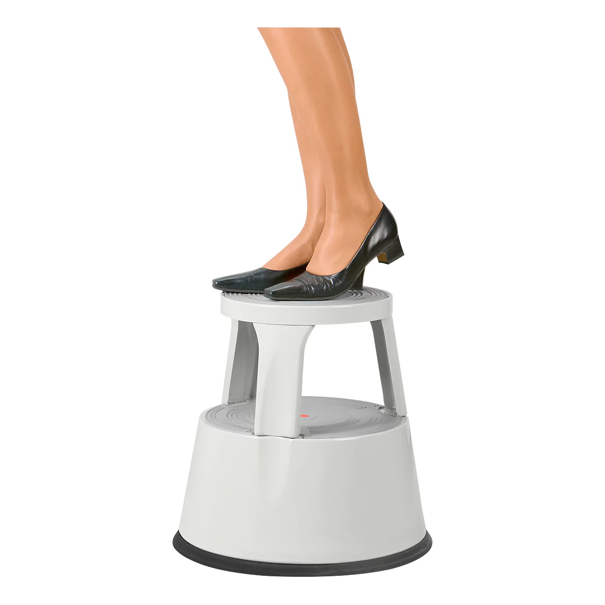 Legs on a white step stool, black shoes. Assistance for everyday life or work.