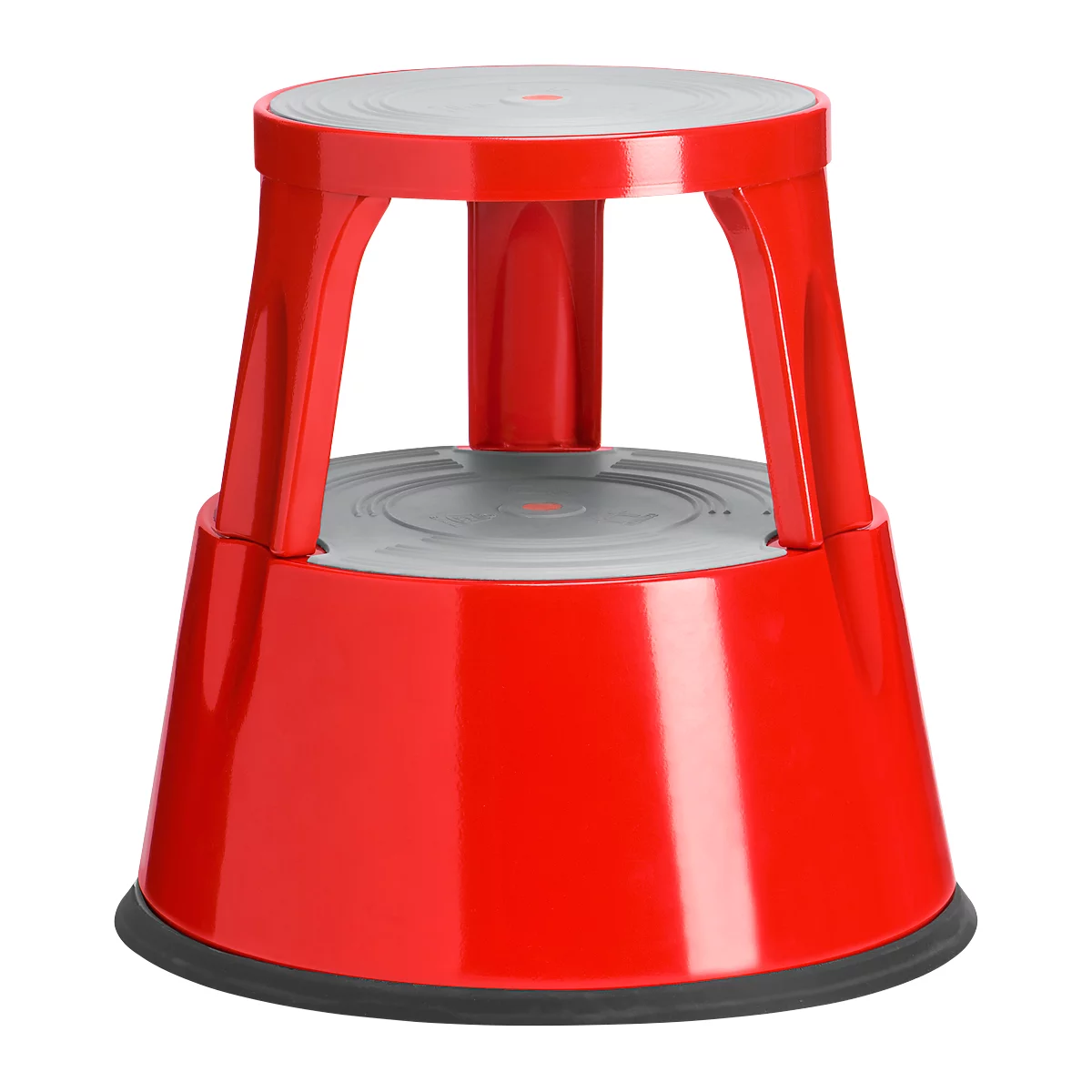 Red plastic step stool, round, two steps, non-slip surface.