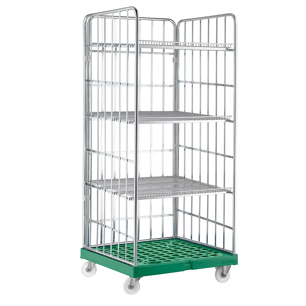 Cage trolley with 3 shelves, green base, on wheels.