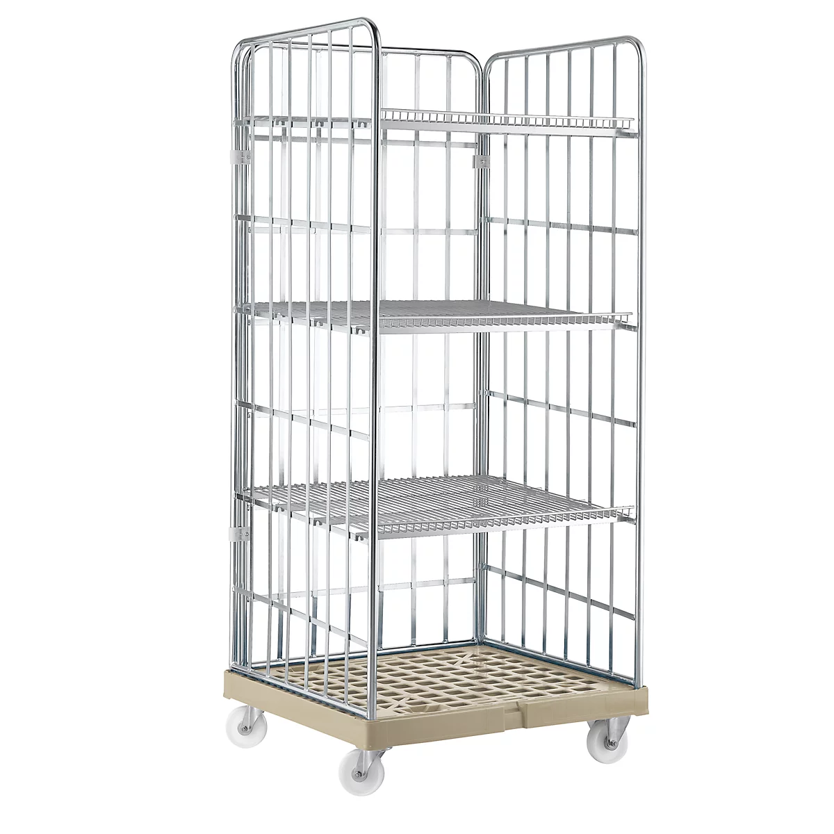 Metal transport cart, with wheels and multiple levels. Grid structure, with beige floors.