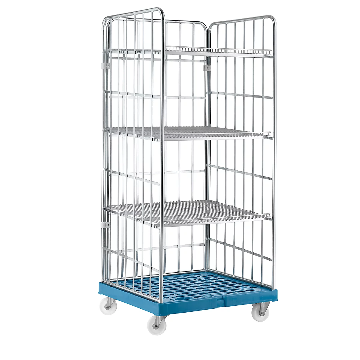 A rolling cage cart with three shelves, blue base, and silver wheels.