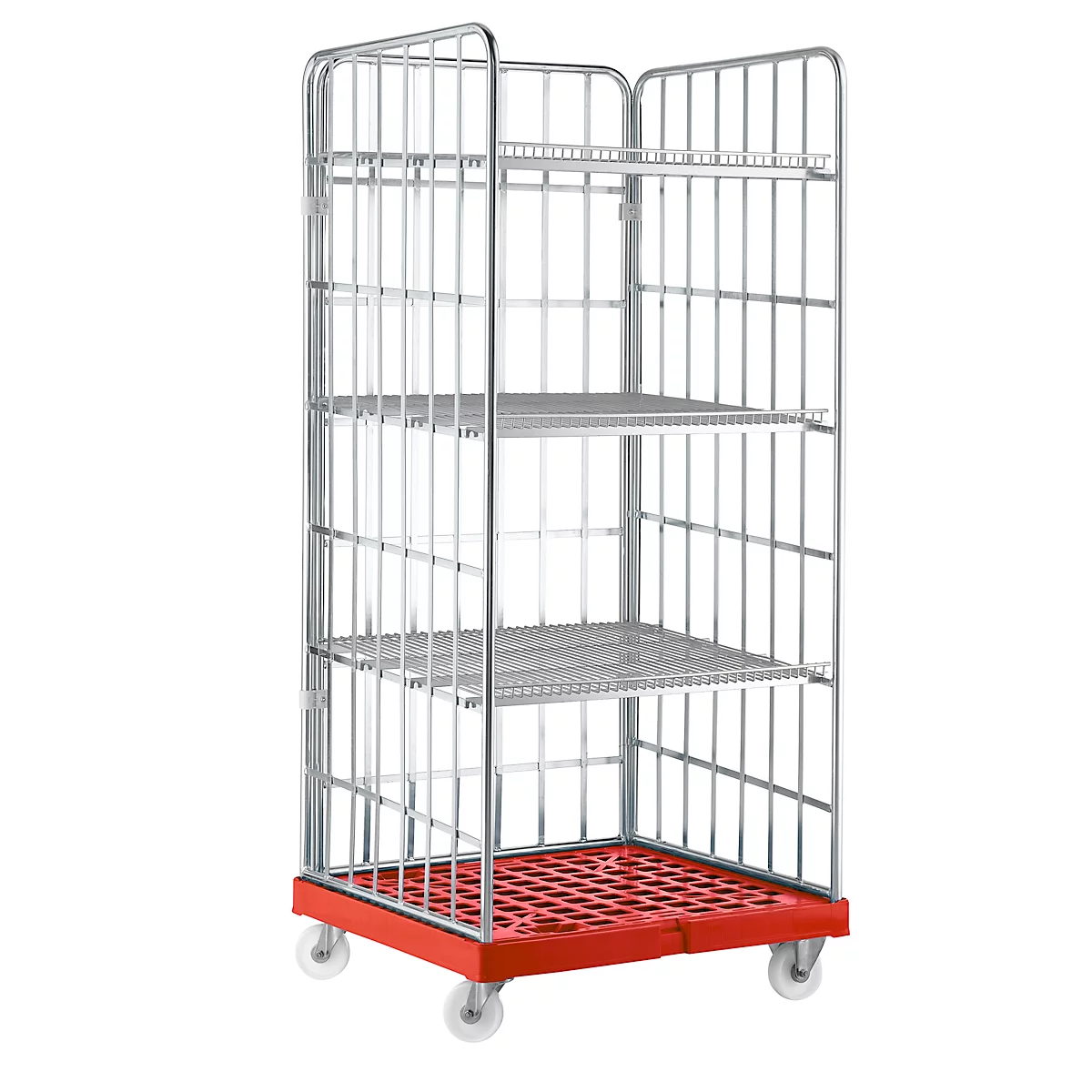 Metal roll container with wheels and red bottoms. Three shelves are visible.