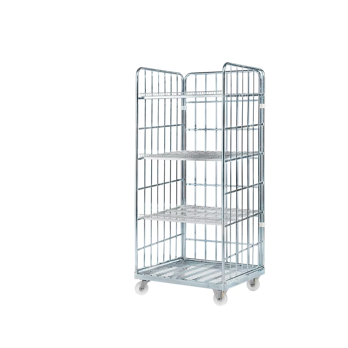 Metal roll container with three shelves and castors, against a white background.