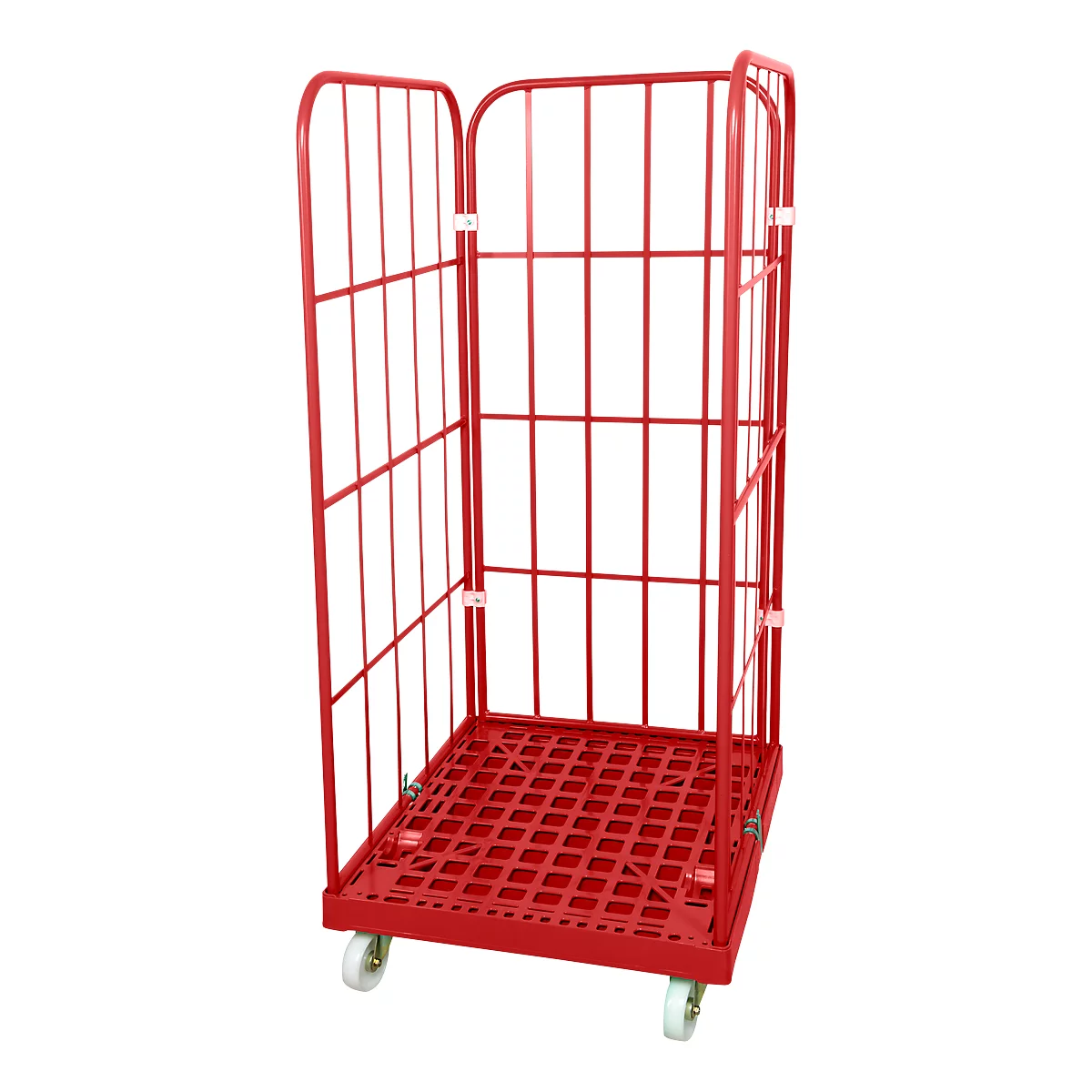 Red roll container with four wheels, isolated against a white background.