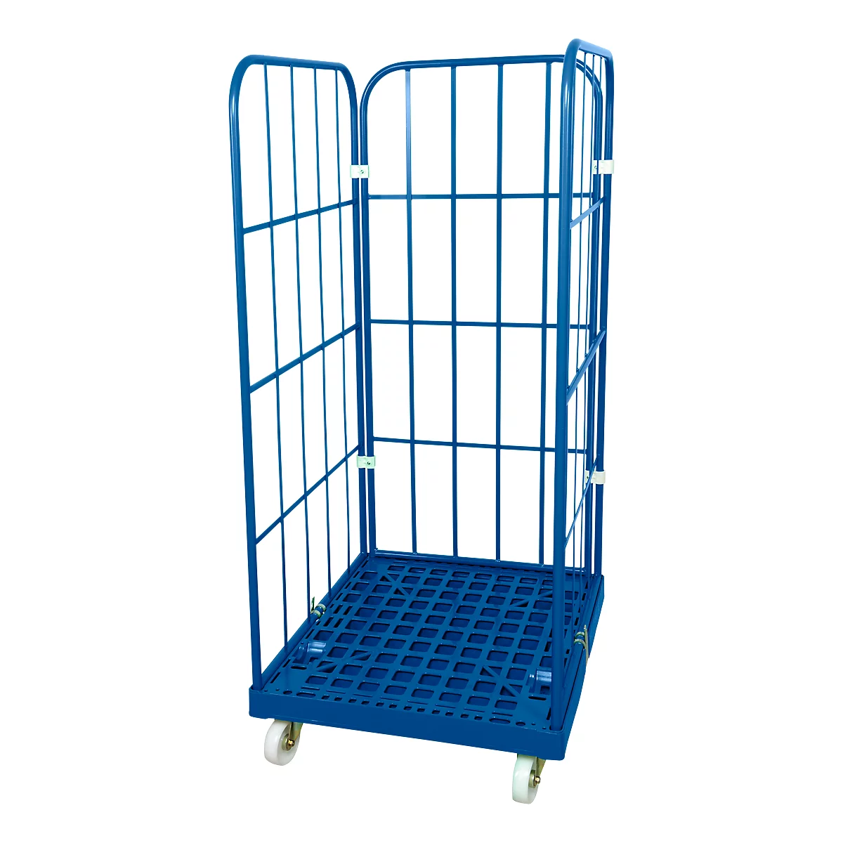 Blue roll cage with grid structure and four wheels. Open door on the right.