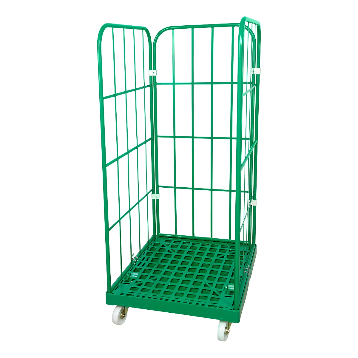 Green roll container with four white wheels, grid structure and curved bars.