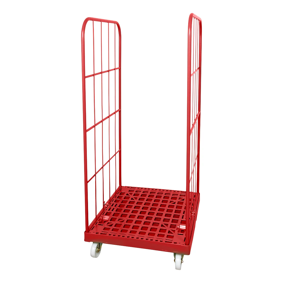 Red roll container with grid walls and castors.