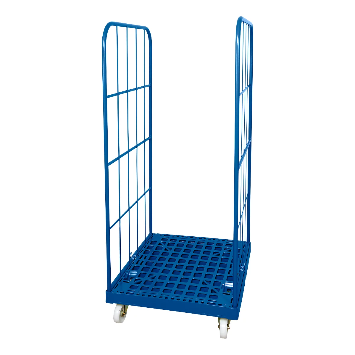 Blue mesh cart on wheels, detailed view.