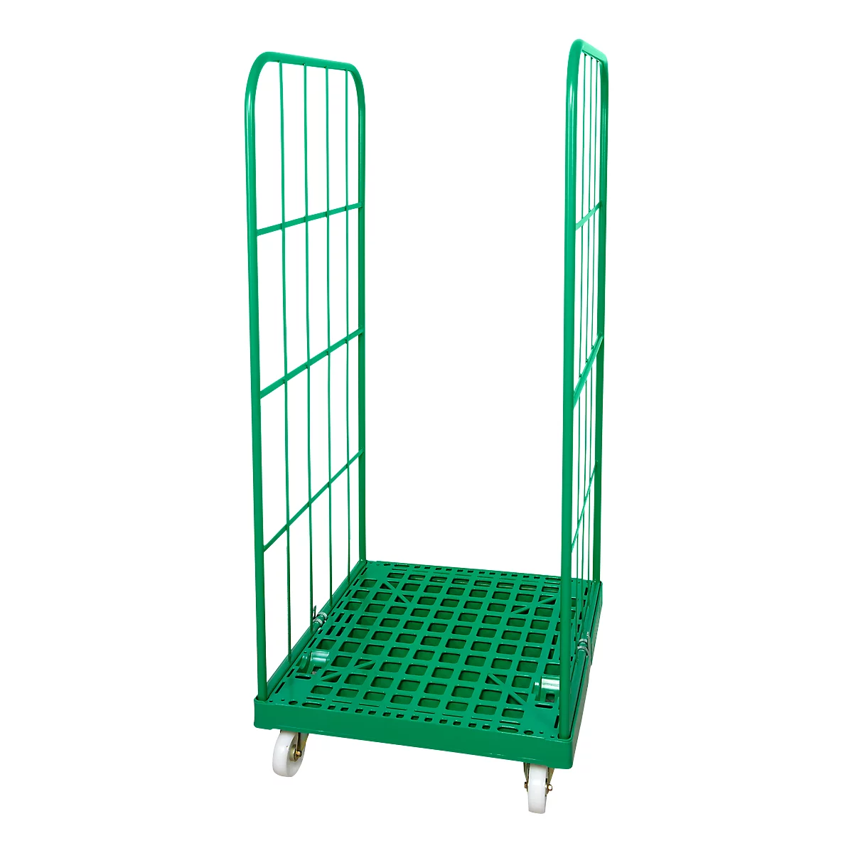 Green roll container with grid walls and white wheels.