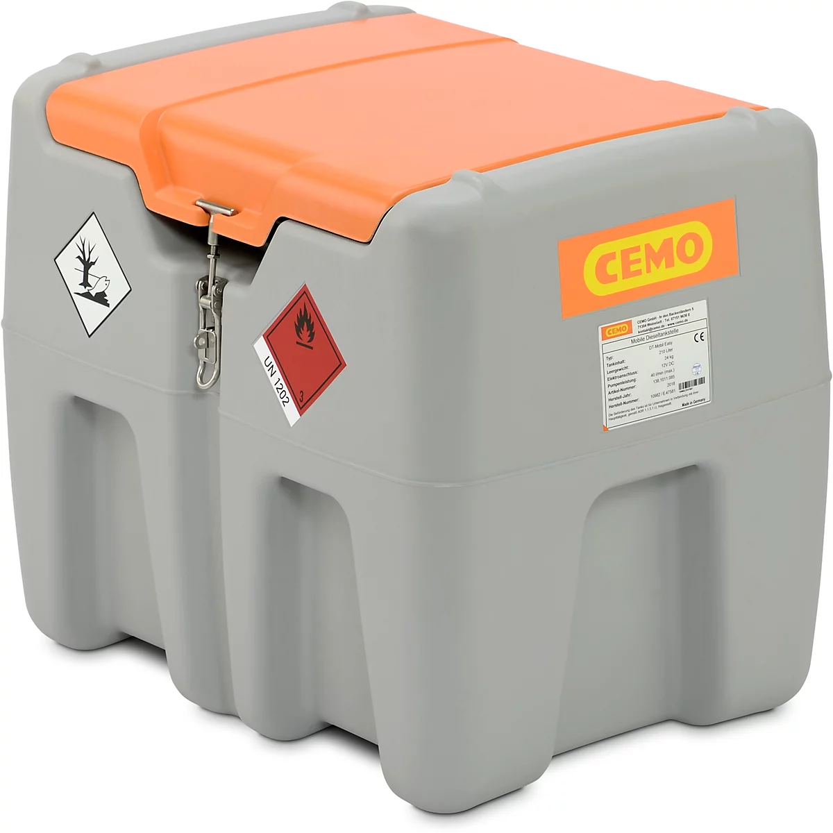 Mobile Tankstelle CEMO DT-Mobil Easy Elektropumpe CENTRI SPF30, Automatik-Zapfpistole, Klappdeckel, 210 l, Polyethylen, B 785 x T 595 x H 685 mm