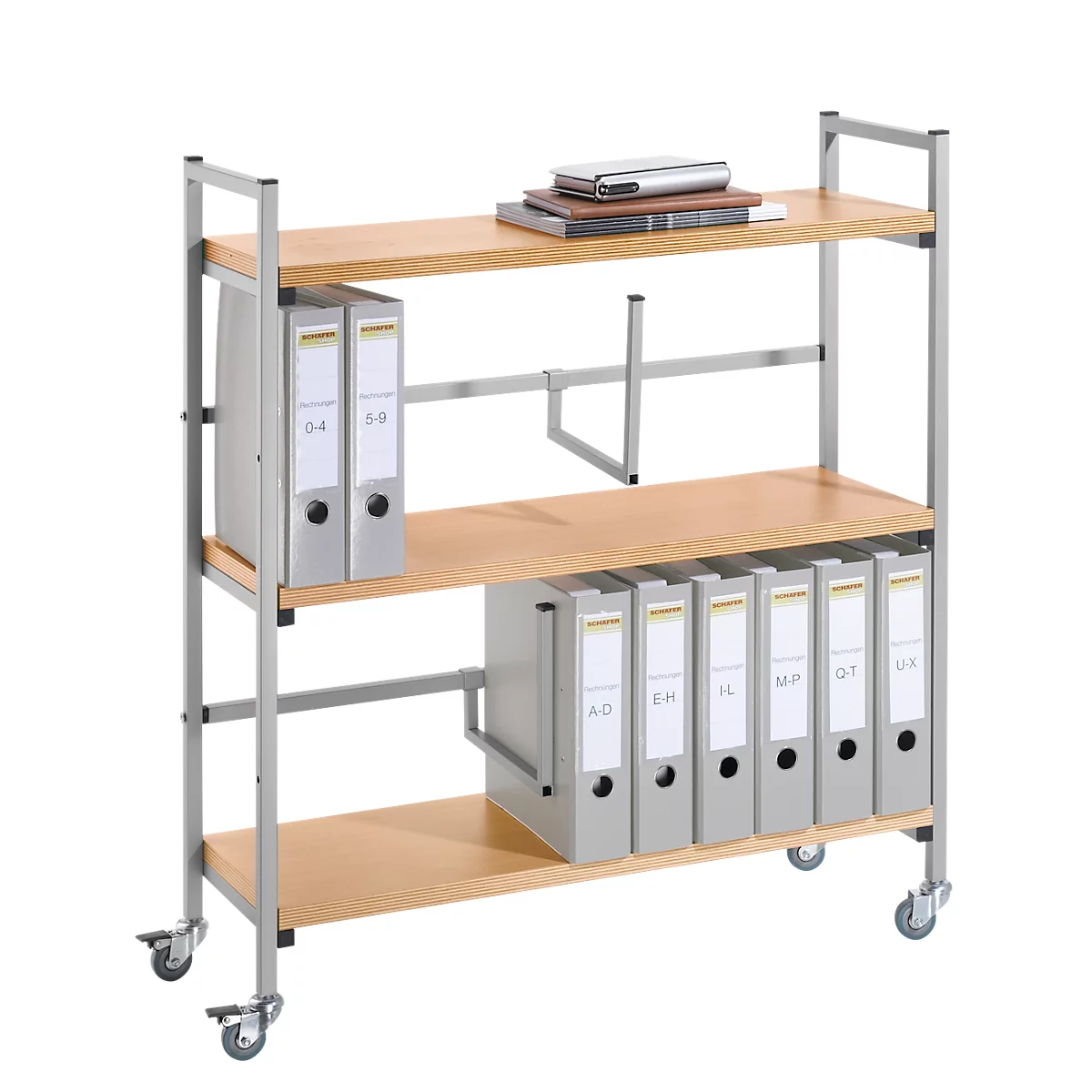 Rolling cart with three levels, filled with binders and some books.