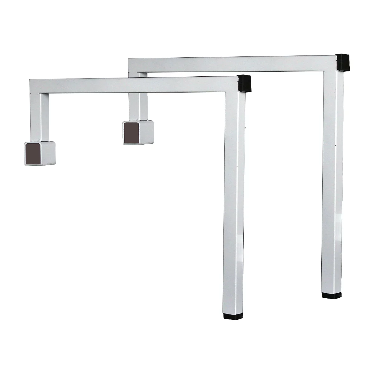 Two white, square metal supports, with black end caps.