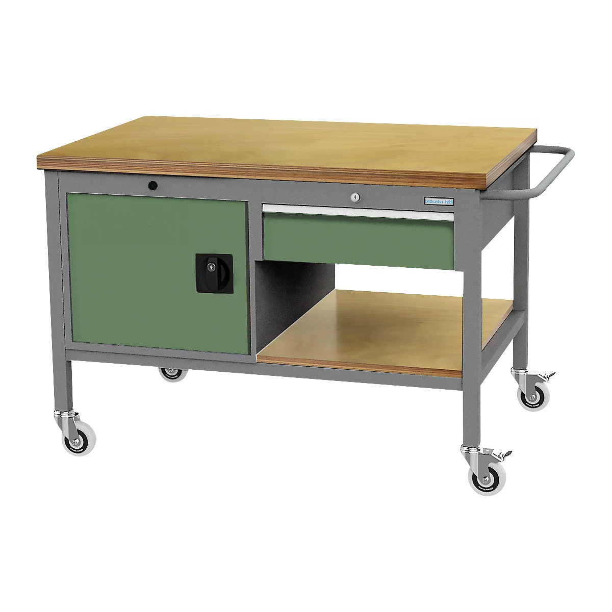Mobile Werkbank Bedrunka+Hirth, Buche-Multiplex-Arbeitsplatte, 1 Schub/Tür/Fachboden, Schiebegriff, abschließbar, bis 500 kg, B 1250 x T 750 x H 859 mm