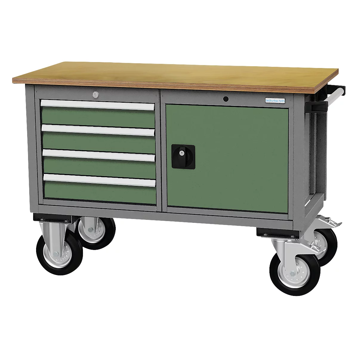 Mobile Werkbank Bedrunka+Hirth, Buche-Multiplex-Arbeitsplatte, 4 Schübe & Flügeltür, Schiebegriff, abschließbar, bis 500 kg, B 1200 x T 540 x H 820 mm