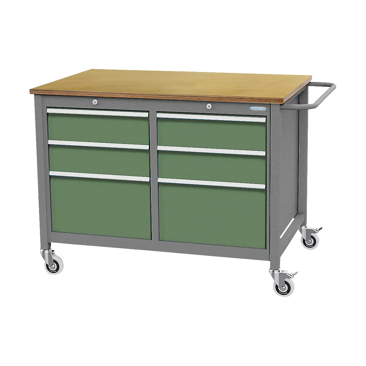 Mobile Werkbank Bedrunka+Hirth, Buche-Multiplex-Arbeitsplatte, 6 Schübe, 2 Fachböden, Schiebegriff, abschließbar, bis 500 kg, B 1250 x T 750 x H 935 mm