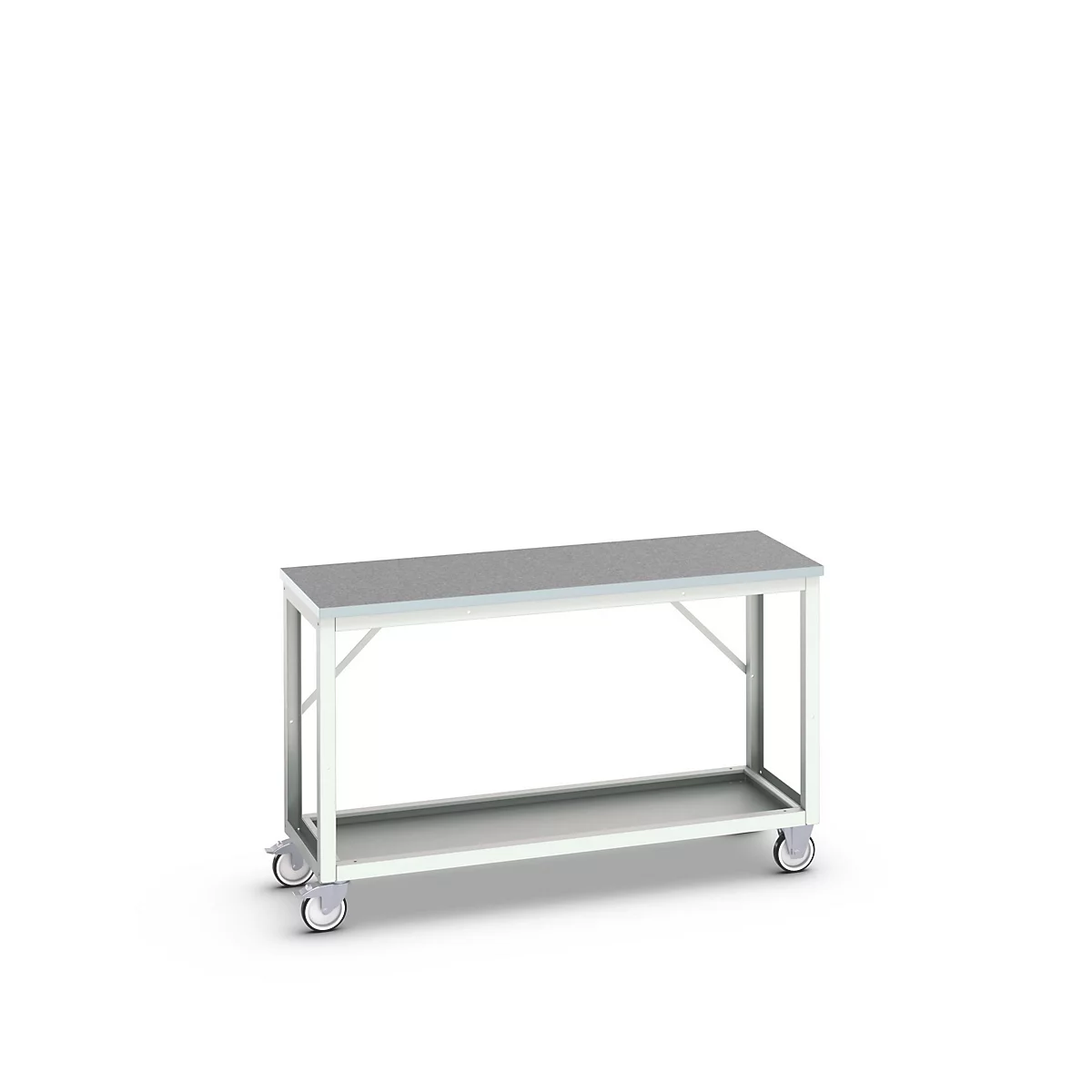 Mobile Werkbank Bott verso, Linoleum-Platte, 1 Ablageboden, mit Querstrebenset, B 1500 x T 600 x H 930 mm, RAL 7035 Lichtgrau