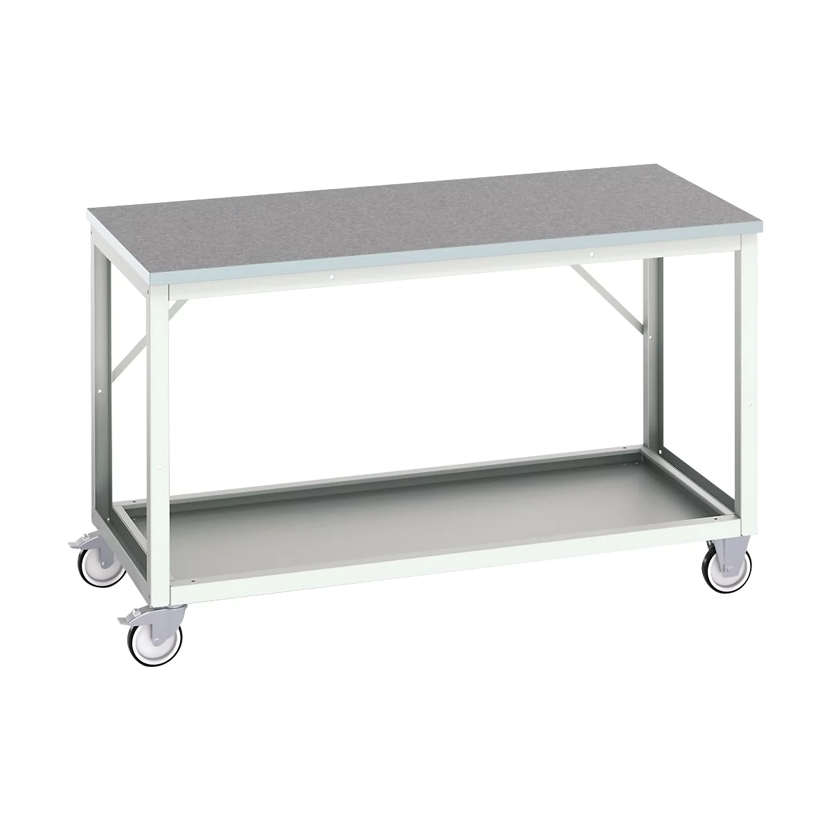Mobile Werkbank Bott verso, Linoleum-Platte, 1 Ablageboden, mit Querstrebenset, B 1500 x T 800 x H 930 mm, RAL 7035 Lichtgrau