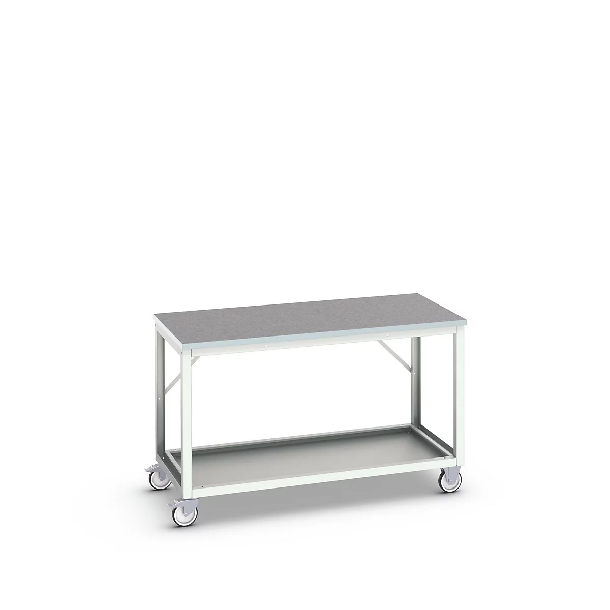 Mobile Werkbank Bott verso, Linoleum-Platte, 1 Ablageboden, mit Querstrebenset, B 1500 x T 800 x H 930 mm, RAL 7035 Lichtgrau