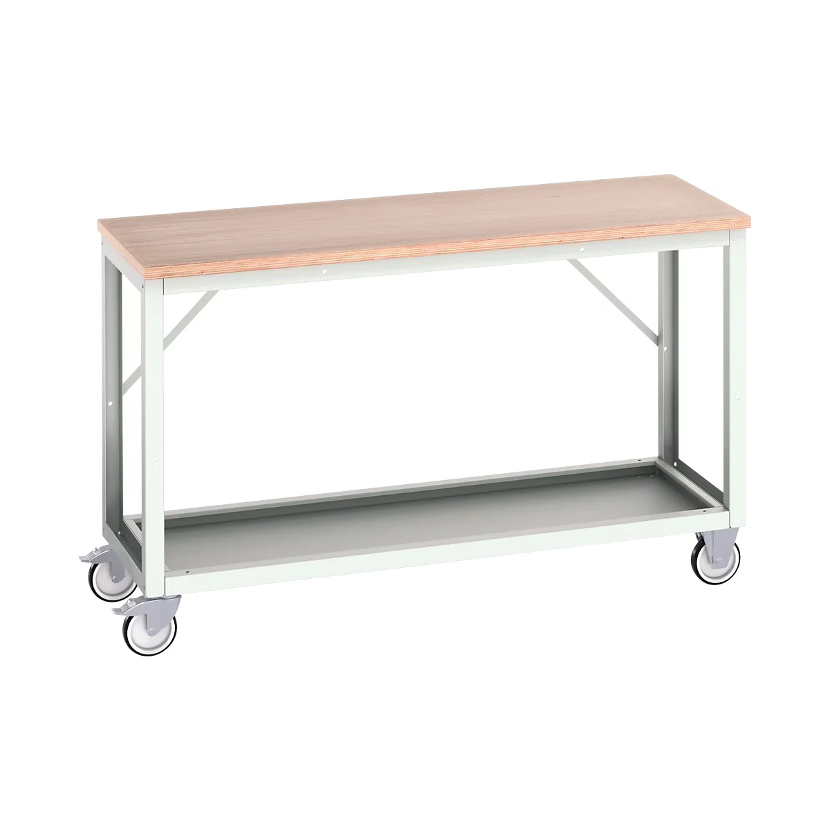 Mobile Werkbank Bott verso, Multiplex-Platte, 1 Ablageboden, mit Querstrebenset, B 1500 x T 600 x H 930 mm, RAL 7035 Lichtgrau