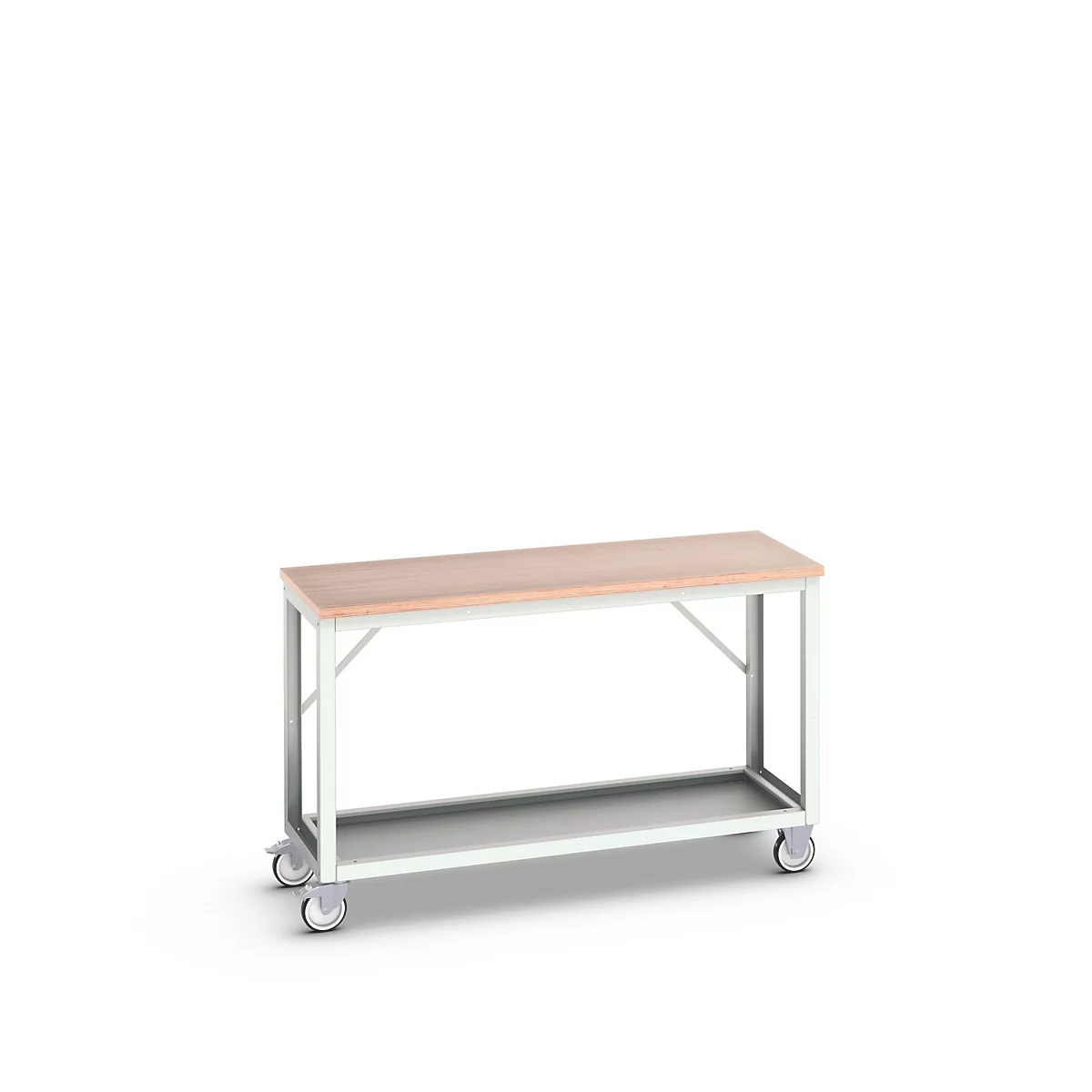 Mobile Werkbank Bott verso, Multiplex-Platte, 1 Ablageboden, mit Querstrebenset, B 1500 x T 600 x H 930 mm, RAL 7035 Lichtgrau
