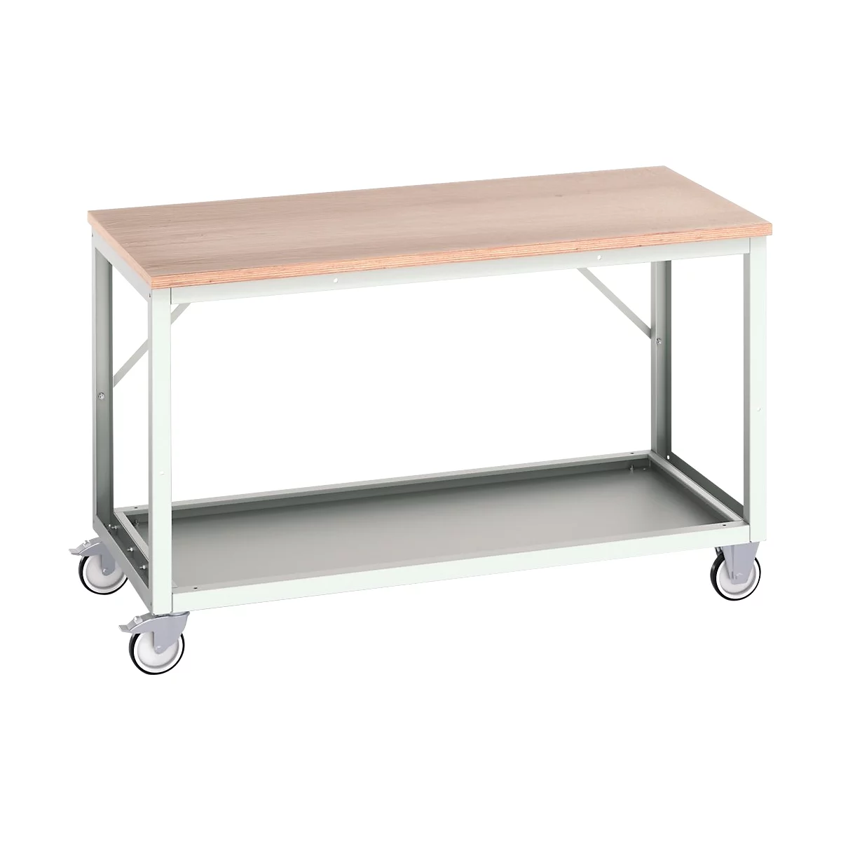 Mobile Werkbank Bott verso, Multiplex-Platte, 1 Ablageboden, mit Querstrebenset, B 1500 x T 800 x H 930 mm, RAL 7035 Lichtgrau