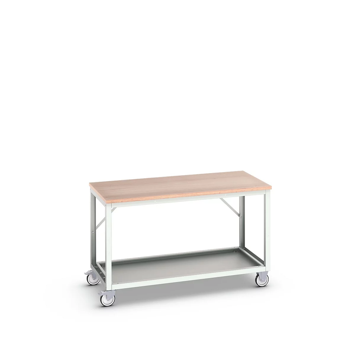 Mobile Werkbank Bott verso, Multiplex-Platte, 1 Ablageboden, mit Querstrebenset, B 1500 x T 800 x H 930 mm, RAL 7035 Lichtgrau