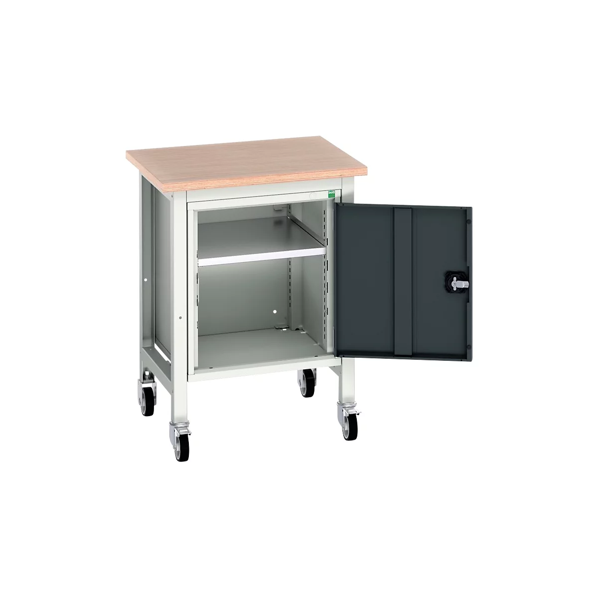 Mobile Werkbank Bott verso, Multiplex-Platte, 1 Tür & 1 Ablageboden, Rollen, B 700 x T 600 x H 930 mm, RAL 7035 Lichtgrau / Anthrazitgrau