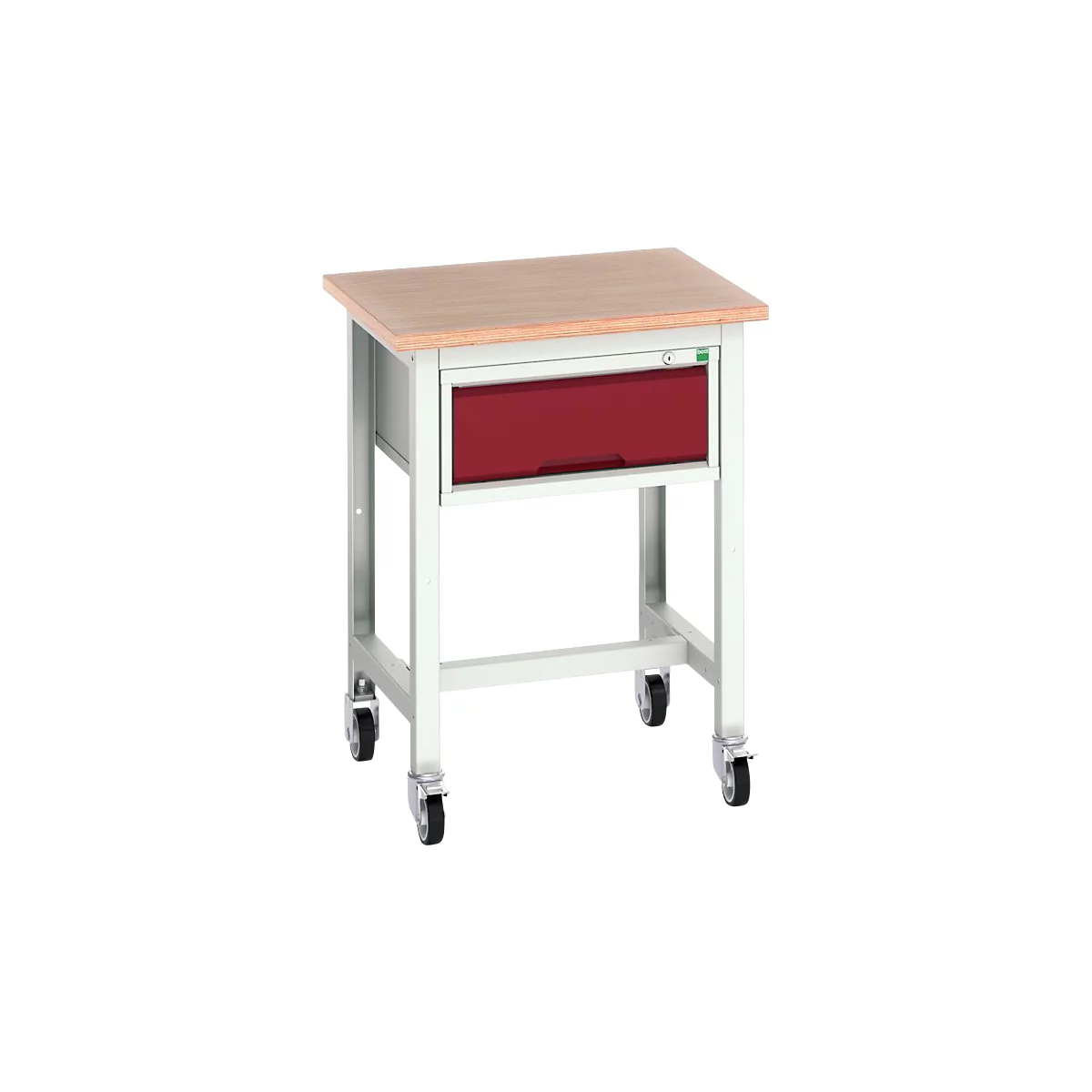 Mobile Werkbank Bott verso, Multiplex-Platte, mit Querstrebenset, 1 Schublade, B 700 x T 600 x H 930 mm, Lichtgrau / Purpurrot
