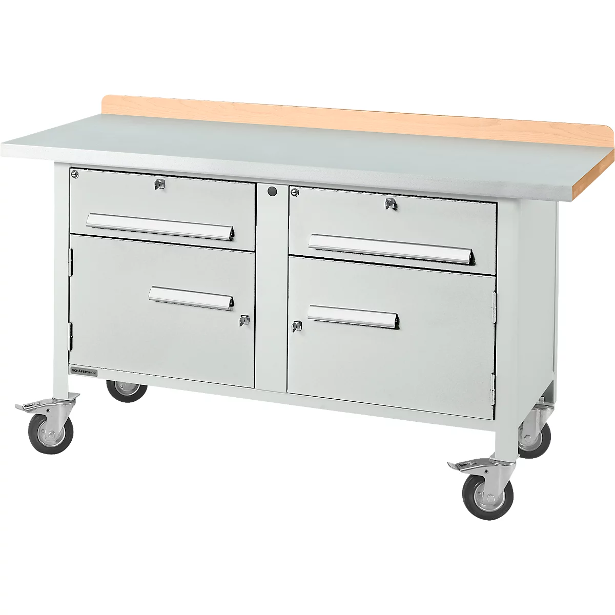 Mobile Werkbank Schäfer Shop Select PWi 150-0, Buche Multiplexplatte, mit Stahlabdeckung, bis 400 kg, B 1500 x T 700 x H 840 mm
