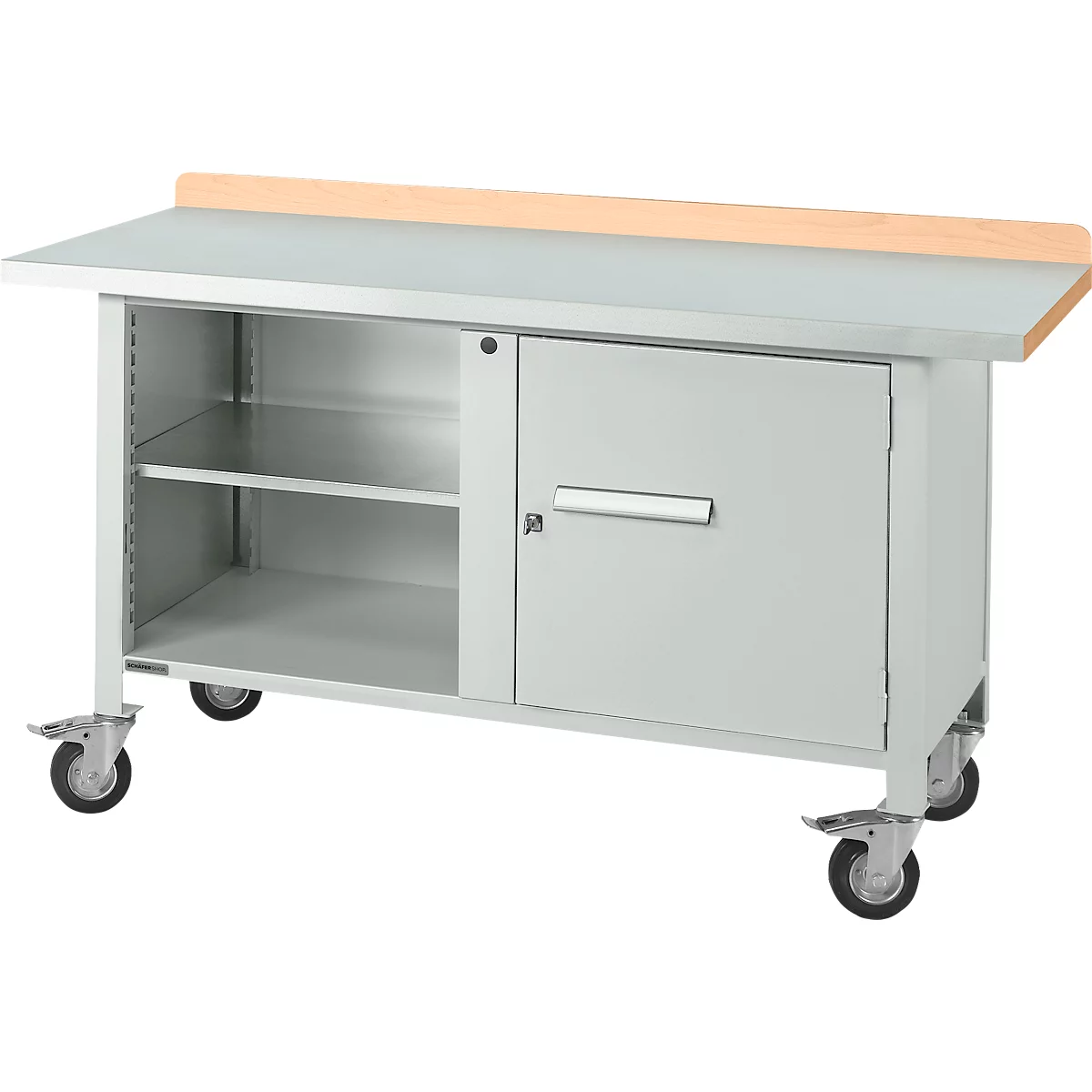 Mobile Werkbank Schäfer Shop Select PWi 150-1, Buche-Dekor Multiplexplatte, mit Stahlabdeckung, bis 400 kg, B 1500 x T 700 x H 840 mm