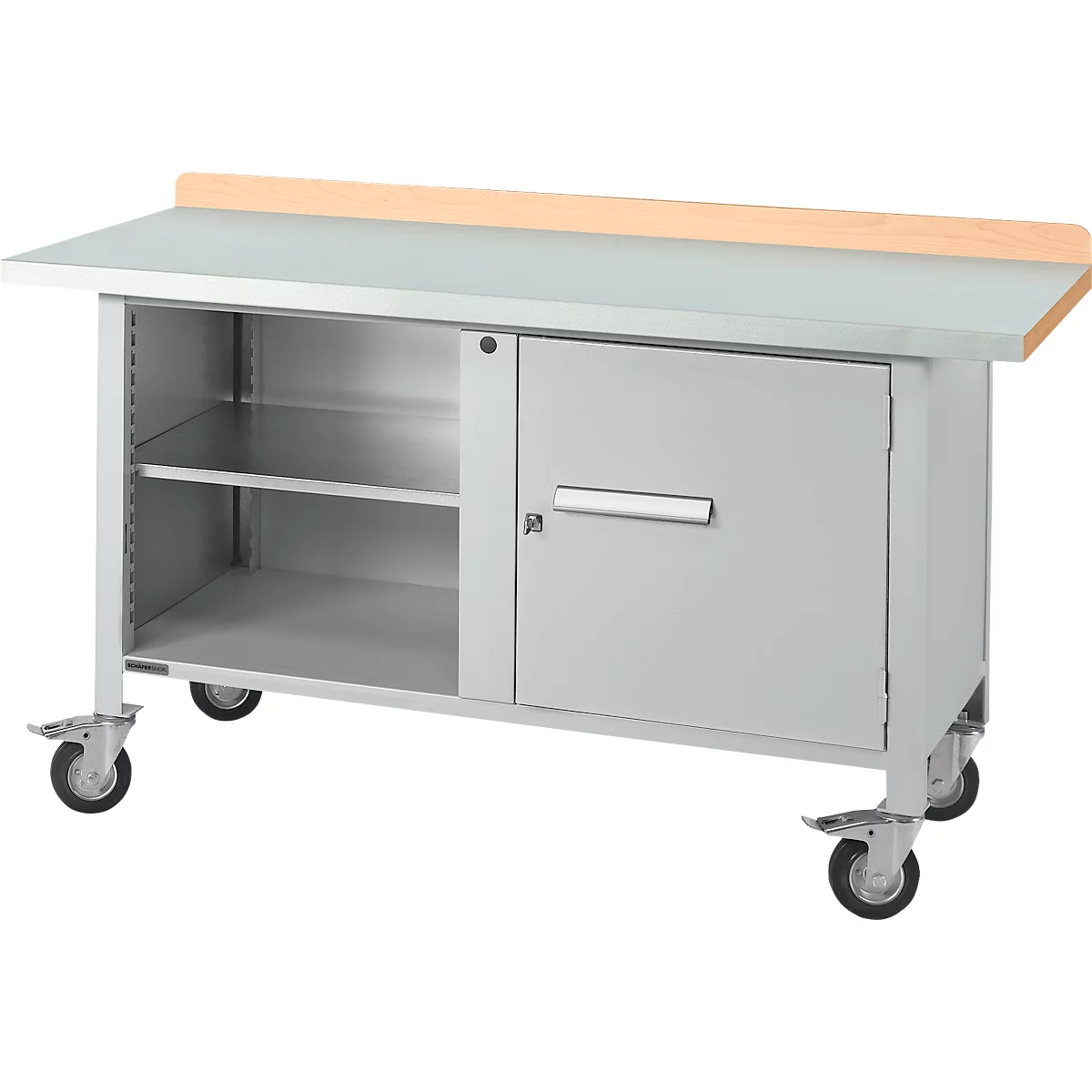 Mobile Werkbank Schäfer Shop Select PWi 150-1, Buche-Dekor Multiplexplatte, mit Stahlabdeckung, bis 400 kg, B 1500 x T 700 x H 840 mm