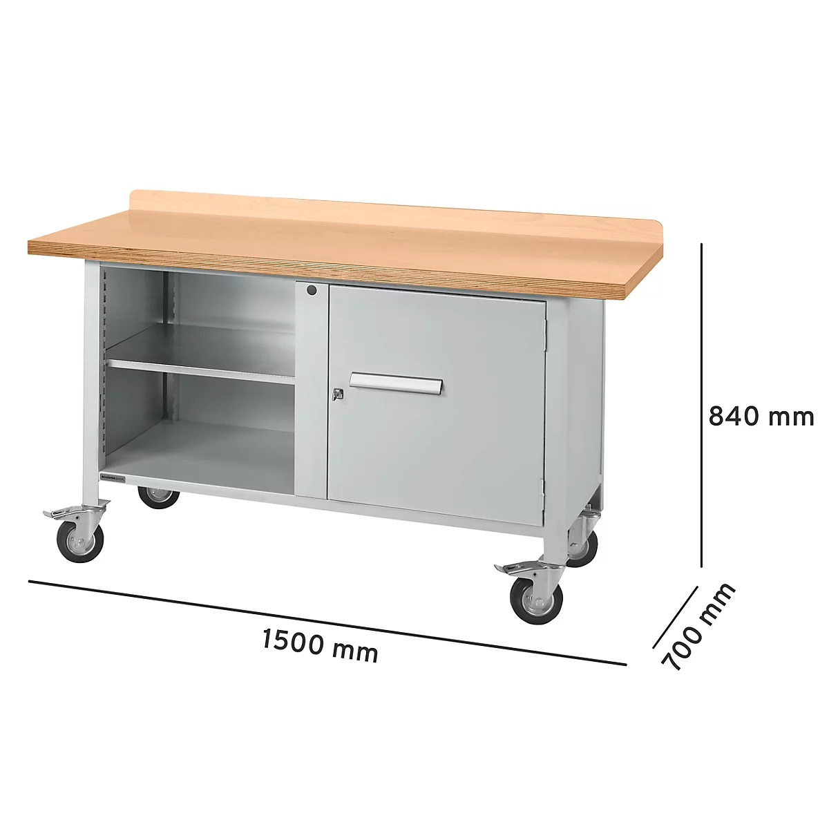 Werkbank mit Holzplatte und Metallschrank, Maße 1500 x 700 x 840 mm. Graue Türen, offene Fächer und Rollen.