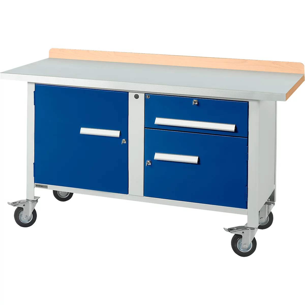 Mobile Werkbank Schäfer Shop Select PWi 150-3, Buche-Dekor Multiplexplatte, mit Stahlabdeckung, bis 400 kg, B 1500 x T 700 x H 840 mm