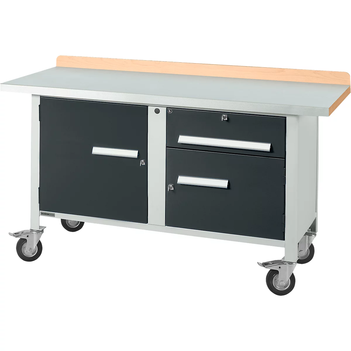 Mobile Werkbank Schäfer Shop Select PWi 150-3, Buche-Dekor Multiplexplatte, mit Stahlabdeckung, bis 400 kg, B 1500 x T 700 x H 840 mm
