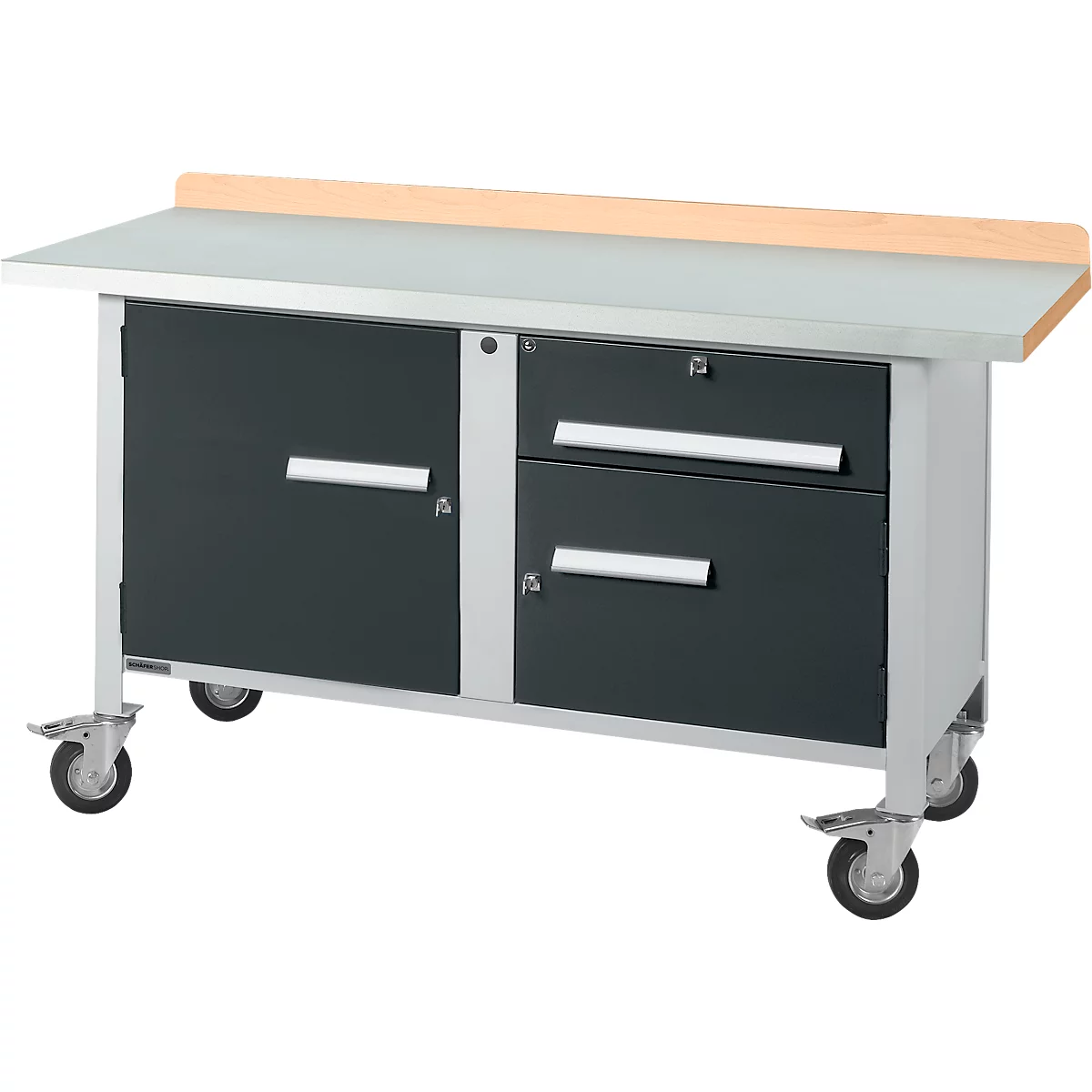 Mobile Werkbank Schäfer Shop Select PWi 150-3, Buche-Dekor Multiplexplatte, mit Stahlabdeckung, bis 400 kg, B 1500 x T 700 x H 840 mm