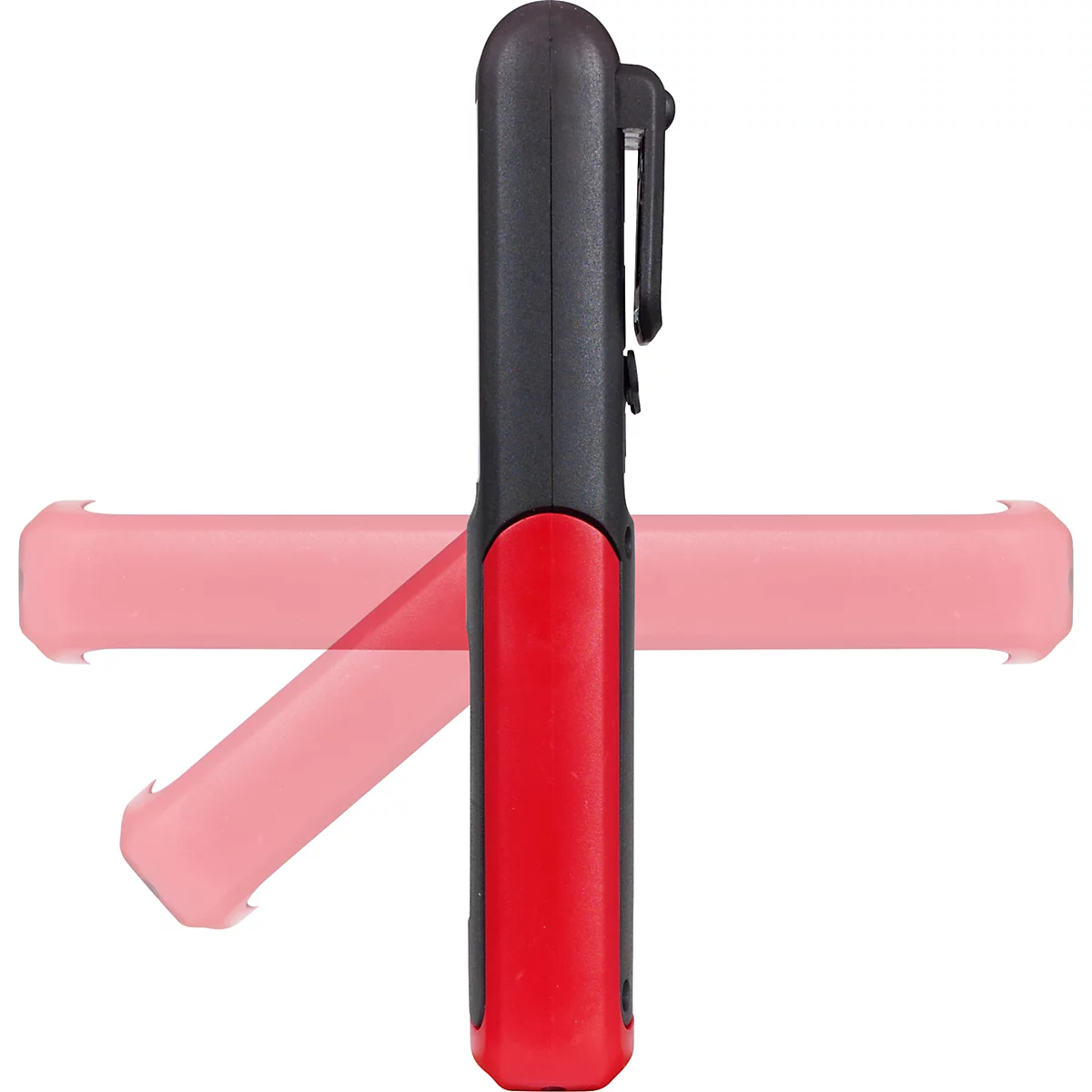 Eine rote und schwarze LED-Arbeitsleuchte mit drehbarem Leuchtkörper, sowie einem schwarzen Clip.