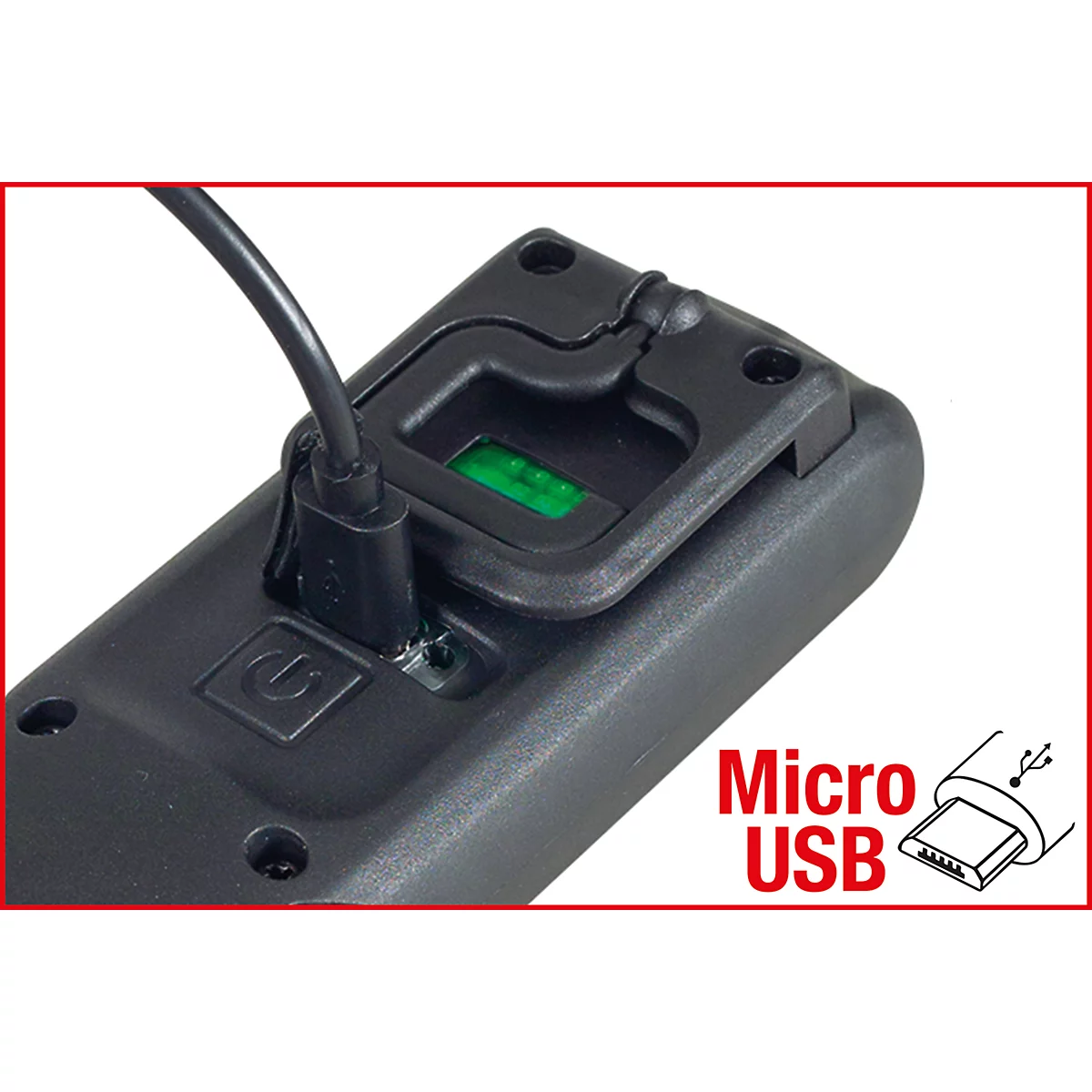 Schwarzes Gerät mit Micro-USB-Anschluss und grünem Licht. Im Bild ist „Micro USB“ zu sehen.