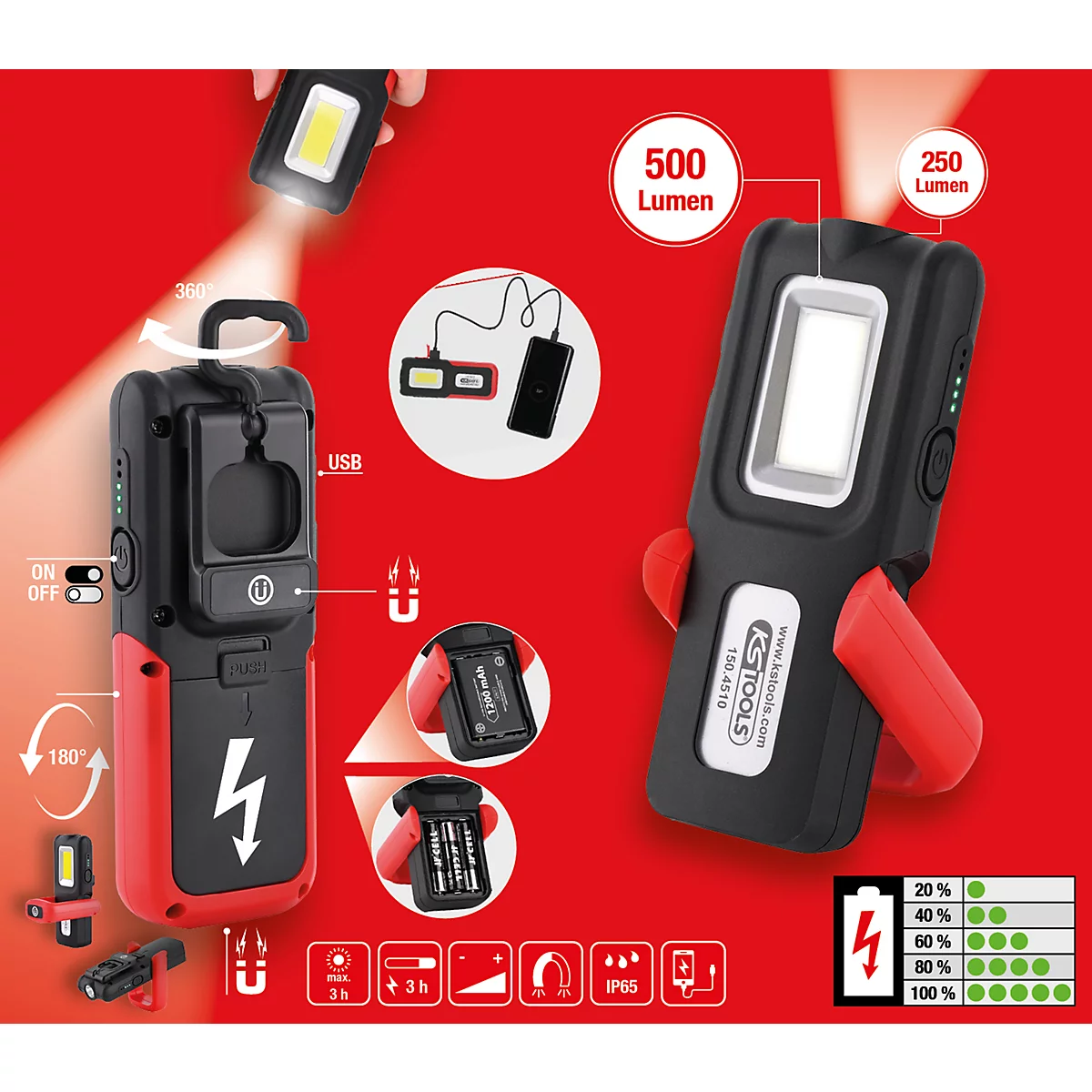 Mehrere Abbildungen einer schwarzen und roten LED-Arbeitsleuchte. Gezeigt werden Eigenschaften wie USB-Anschluss, magnetische Halterung und 500 Lumen Helligkeit.