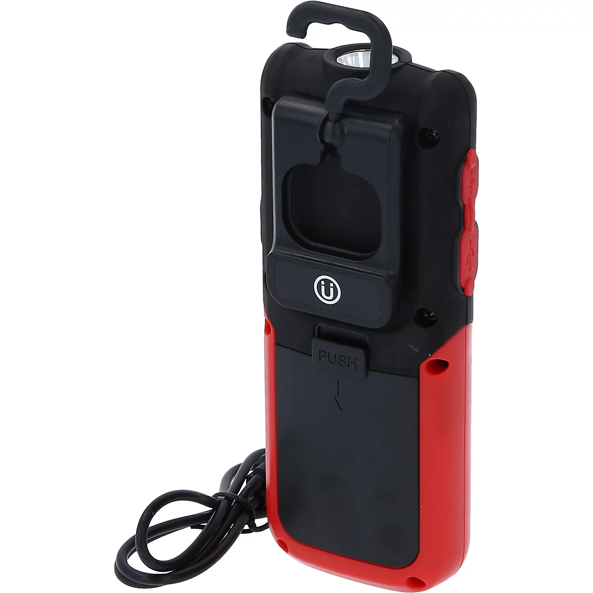 Schwarze und rote LED-Taschenlampe mit Haken und Clip. Auf der Rückseite steht "PUSH".