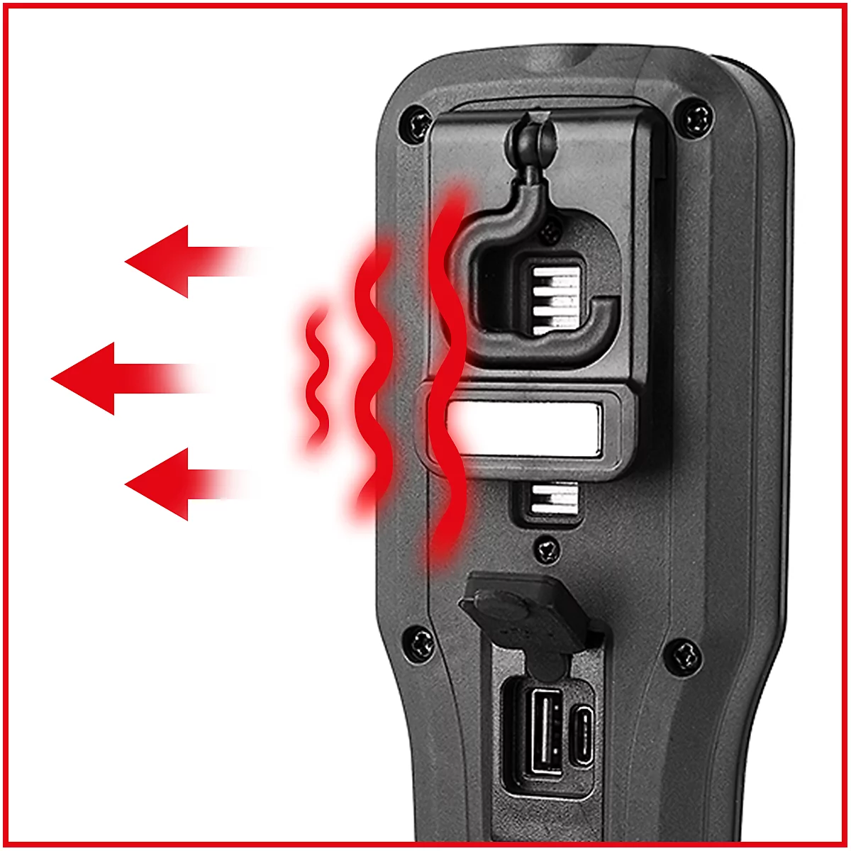 Nahaufnahme des Geräts mit roter Hitzedarstellung und roten Pfeilen. Die USB-Anschlüsse sind erkennbar.