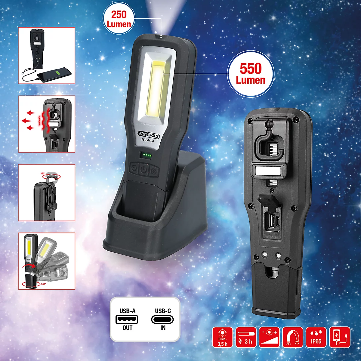 Drahtlose LED-Arbeitsleuchte, schwarz. Links: Details und Funktionen. Rechts: Rückseite mit Ladeanschluss. Helligkeit: 250 & 550 Lumen.