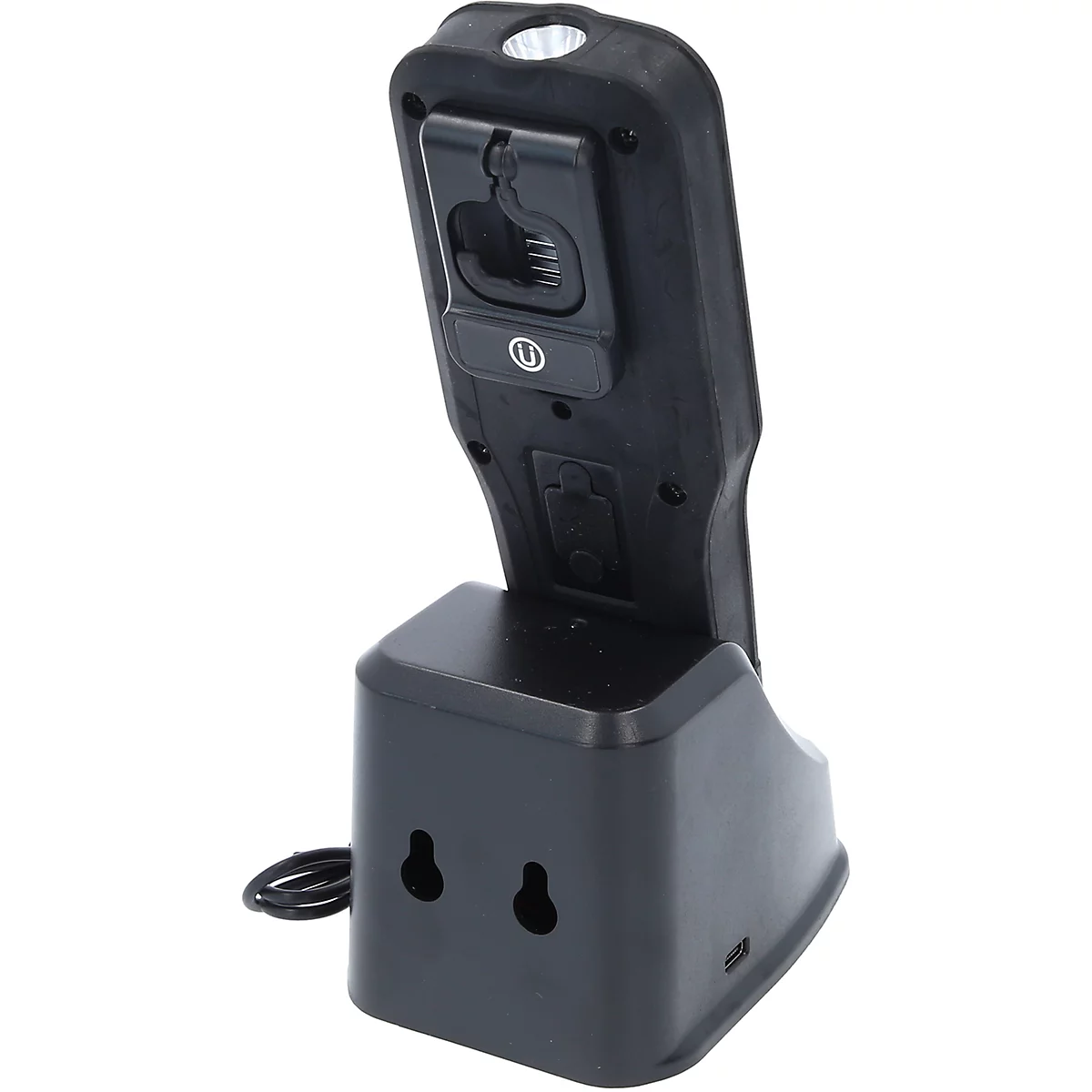 Schwarze LED-Arbeitsleuchte mit Ladestation. Oberhalb leuchtet eine helle Lampe, darunter befindet sich ein Clip.