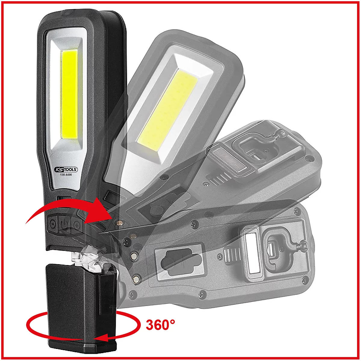 Detaillierte Ansicht einer schwarzen Arbeitsleuchte mit gelbem Licht. Die Lampe ist um 360 Grad drehbar.