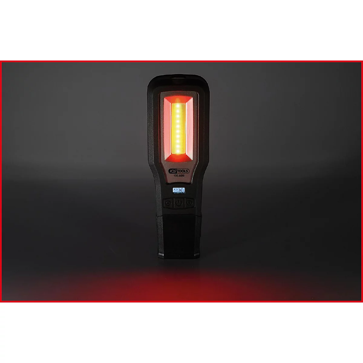 Schwarze LED-Arbeitsleuchte mit rotem Rahmen und leuchtendem gelb-rotem Licht.
