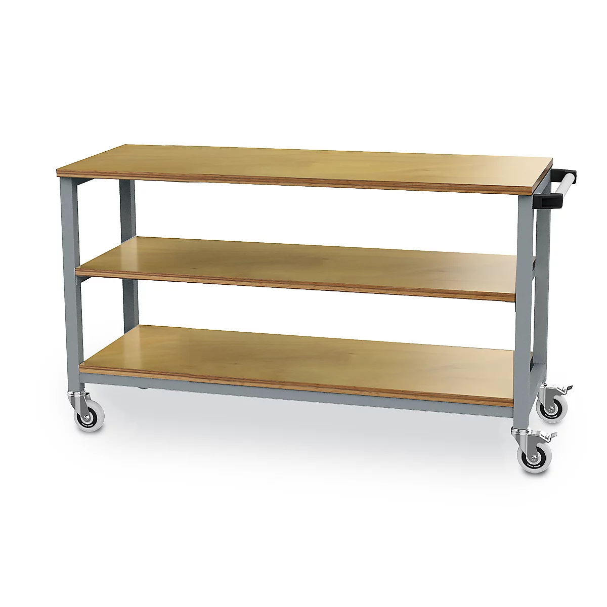 Mobiler Arbeitstisch Bedrunka+Hirth, Buche-Multiplex-Arbeitsplatten, 1 Fachboden, Schiebegriff, bis 400 kg, B 1200 x T 540 x H 880 mm, Stahlblech