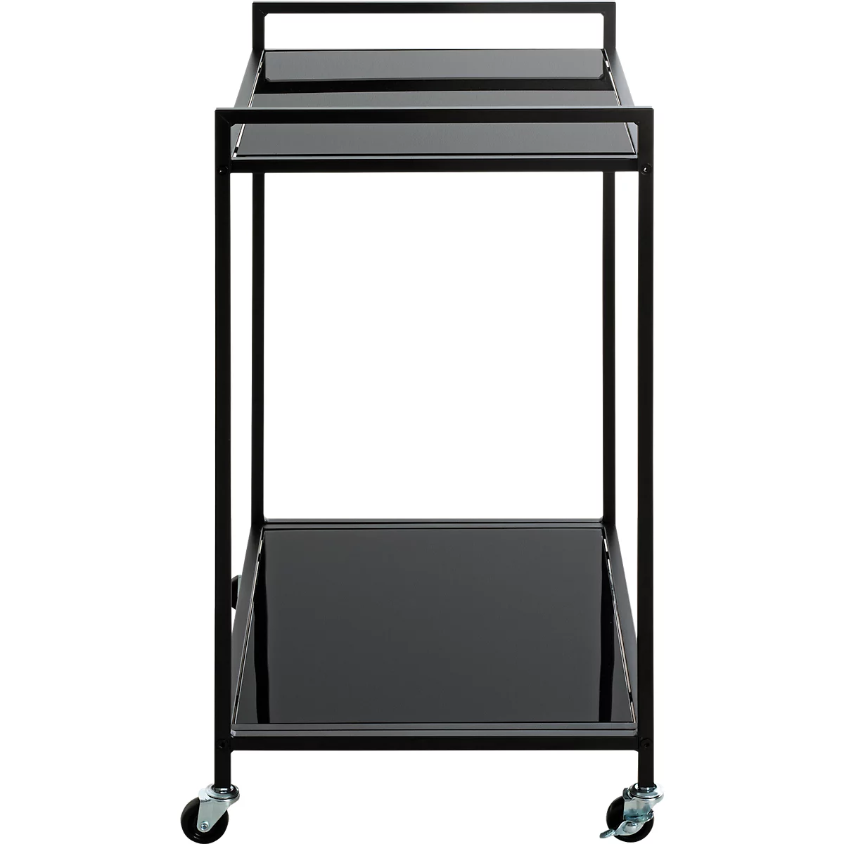 Schwarzer Servierwagen mit drei Ablagen und Rollen. Einfaches Design.